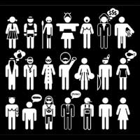 a black and white square showing stylised images of people with superficial racial characteristics associated with various supposed cultural traits