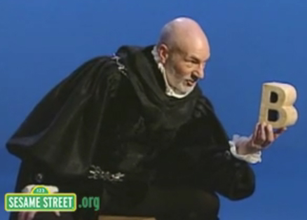 Patrick Stewart in Tudor costume declaiming to the letter B on Sesame Street