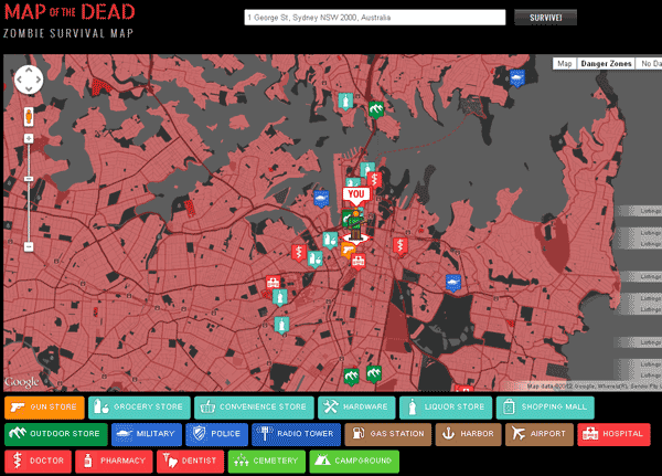 zombie_survival_map a map of Sydney CBD showing the location of useful shops/hospitals etc
