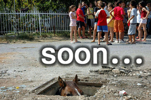 a group of kids in bright summer clothing stands in the background. In the foreground is a square access hatch, open, in the middle of a concrete surface.  Poking out from the access hatch are the ears and eyes of a brown horse. The caption says *soon...*
