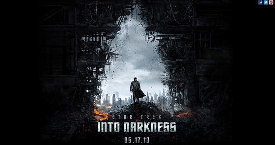 The silhouette of a man wearing a long dark billowing coat stands on a pile of wreckage and looks out over a devastated metropolis