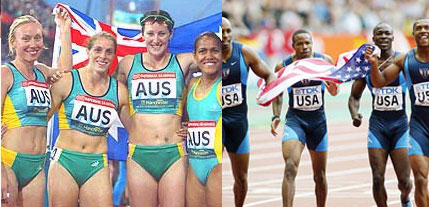 2000 Olympics 4x100 relay teams - Australian women (L), US men (R)