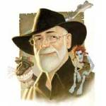 An illustration of Terry Pratchett in his trademark large black hat, with characters from his Discworld novels sitting on his shoulders/hat: a Wee Free Man, a large rat, a swampdragon