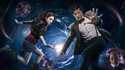 Karen Gillan as Amy Pond and Matt Smith as the Eleventh Doctor float in the Time Vortex -- a watery blue tunnel with a light at the end.  Amy, a white red-head with long hair, wears a blue mini-skirt, a red t-shirt, a black leather jacket and black calf high boots.  The Eleventh Doctor, a white brown-haired man with floppy but short hair, wears dark blue trousers, a white and beige stripy shirt with maroon bowtie and suspenders, and a tweed jacket.  Around the Doctor and Amy we see three reddish bubbles, containing monsters that they will presumably face in the upcoming season: a weeping angel, a dalek, and an angry frowning clown face with red eyes.