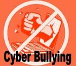 A logo of a bunched fist punching out of a computer monitor with the international symbol for NO superimposed, captioned CYBER BULLYING