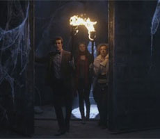 The Doctor, Amy Pond and River Song are walking through an underground space.  The Doctor is leading, holding a flaming torch.  There are stone walls and enormous cobwebs.