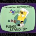A screenshot from the Simpsons showing Kent Brockman caricatured as a cuckoo clock by his own TV station with words TECHNICAL DIFFICULTIES PLEASE STAND BY
