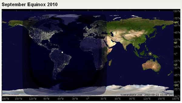 A flat map of the world with a shadow zone for twilight and night overlaid on the areas where the Sun is not shining at the designated time.  The positions of the Sun and Moon over the Earth are also shown.