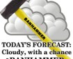 A yellow handled sledgehammer with BANHAMMER written on the handle, in front of a grey cloud. Caption reads TODAY'S FORECAST: CLOUDY, WITH A CHANCE OF BANHAMMER