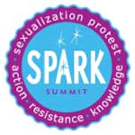 a logo with a blue centre and a dark pink-purple wavy border - text in the centre says SPARK SUMMIT, text around the border says 'sexualization protest-action-resistance-knowledge'