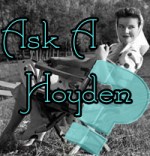 an on-set photo of Katharine Hepburn, with overlaid text reading "Ask A Hoyden?"