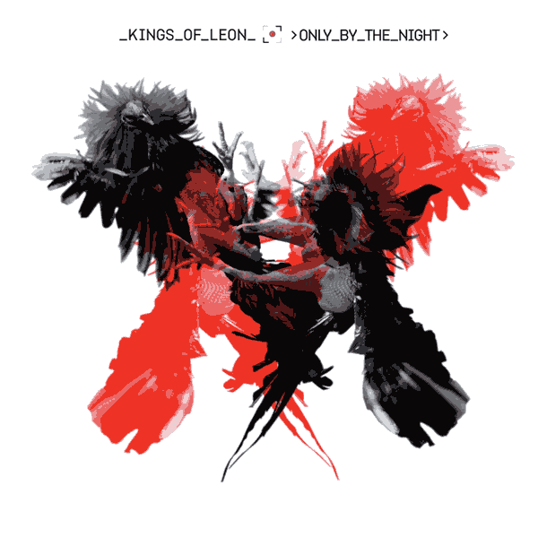 the cover art for Only By The Night album by Kings of Leon - two highly stylised birds are confronting each other, one black and one red