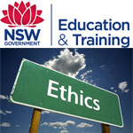the logo for the NSW Government Dept of Education and Training over a picture of a highway sign that reads "Ethics"