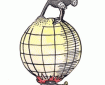 A cartoon of a globe with a burner at the bottom and an ostrich putting its head in the sand at the top