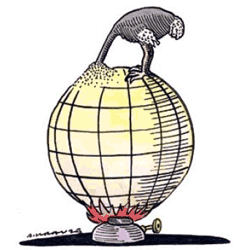 climate-change-denial A cartoon of a globe with a burner at the bottom and an ostrick putting its head in the sand at the top