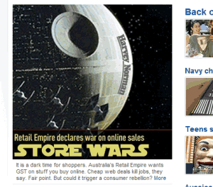 A screencap of a headline from News Ltd website with illustrative graphic casting Harvey Norman as the Death Star