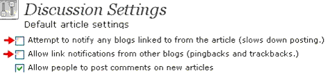 A screencap showing how to disable trackbacks/pingbacks in WordPress using Dashboard | Settings | Discussion page