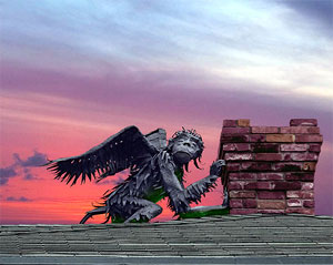 a winged monkey sculpture crouched against a chimney stack