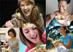 a collage of women holding salads and laughing