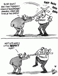 Panel 1: a man with a cross is hitting another man (wearing a t-shirt saying ATHEIST) with it while screaming invective. Panel 2: the Atheist has taken the cross and is about to break it, the Christian objects