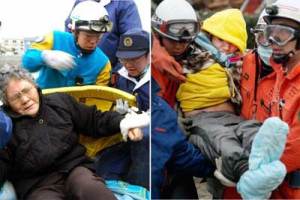80-year-old Sumi Abe and her 16-year-old grandson Jin are rescued from under the rubble in Ishinomaki City, nine days after Japan an earthquake and tsunami ravaged Japan.