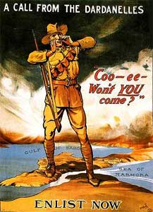 An ANZAC infantryman stands astride the map, calling *Coo-ee- won't YOU come?*