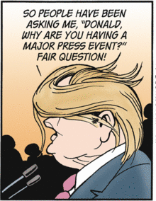 Gary Trudeau's rendition of Donald Trump, with hair with a life of its own