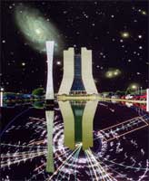  	Composite illustration of Sloan Digital Sky Survey, Top Quark event, Wilson Hall 