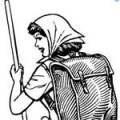 A woman with a walking staff, wearing a scarf on her head and a knapsack on her back