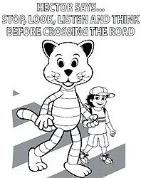 A friendly looking anthopomorphised cat of adult size is holding the hand of a small child while they walk together across a pedestrian crossing