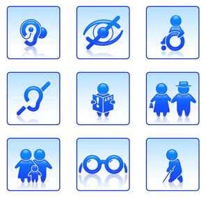 9 accessibility icons in a 3x3 grid - hearing, sight, mobility, age, dyslexia etc