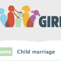 Part of the Girls Not Brides website header. A logo features colourful silhouettes of girls with various hairstyles, with the world Girl to the right. Below are two of the navigation buttons, Home and Child marriage, with Home highlighted.