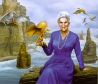 an illustration of an eldery Anne McCaffrey with a backdrop of ocean, cliffs and circling dragons