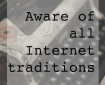 Text reading 'Aware of all Internet traditions' superimposed on typewriter