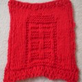 A red dishcloth with a TARDIS pattern on it.