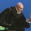 Patrick Stewart in Tudor costume declaiming to the letter B on Sesame Street