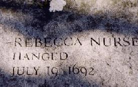 Granite slab with the carved text "Rebecca Nurse, hanged, July 19 1692