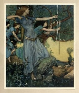 Early 20th Century painting of a woman in a blue medieval dress firing a bow, with other hunters behind her.