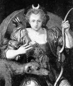 Black and white portrait of Elizabeth I with moon headdress, bow and arrow and hound.