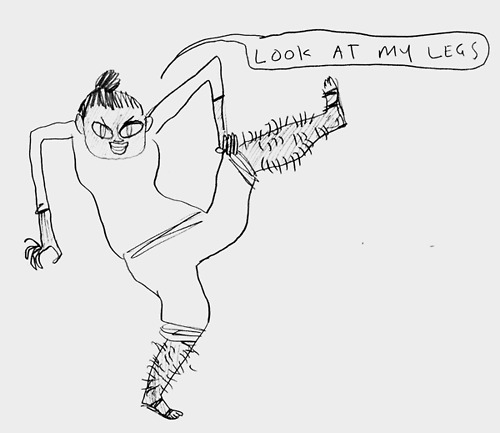 A woman with sinister slit-pupiled eyes holds up her extremely hairy leg in the air