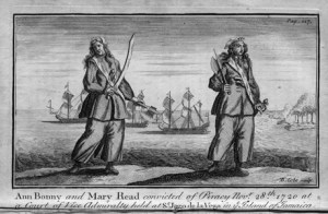 Pen-and-ink drawing of two white women in male dress with swords, ships in the background.