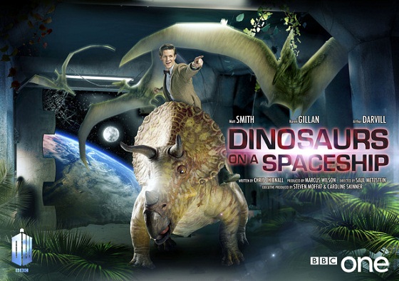 The first thing we notice is what appears to be a museum exhibit showing a stegosaurus and two pterodactyls, then it registers that they're standing in a corridor next to a picture window through which we can see planet Earth and its Moon - then we notice that the Doctor is riding the stegosaurus.