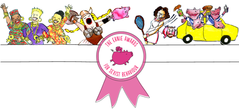 Cartoon of a range of women performing widely varied activities, with the Ernies logo of a flying pink pig centre.