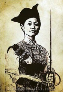Line drawing portrait of a Chinese woman in 19th century military dress.