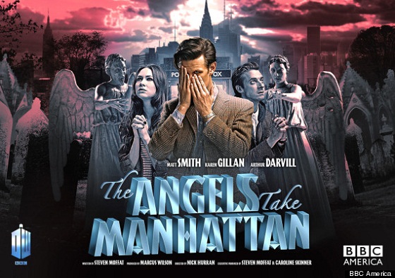 The Doctor, Amy and Rory stand together, the Doctor is covering his face with his hands.  In the distant background is the Manhattan skyline, but immediately behind them are many menacing Weeping Angels
