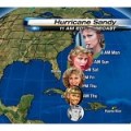 a graphic of the path of Hurricane Sandy, illustrated by headshots of Sandy Olsen from the musical move 'Grease' as played by Olivia Newton John. The graphics start as innocent Sandy and illustrate her transition to wild and steamy Sandy.