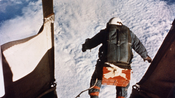 a photograph taken from the helium gondola which took Kittinger through the atmosphere - Kittinger has just stepped off the gondola into space
