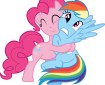 A pink cartoon horse is hugging a blue cartoon horse. The pink horse is squeezing tightly and the blue horse is not returning the hug. The pink horse has happy-closed eyes and a blissful smile while the blue horse has eyes wide open and a nervous-open mouth.