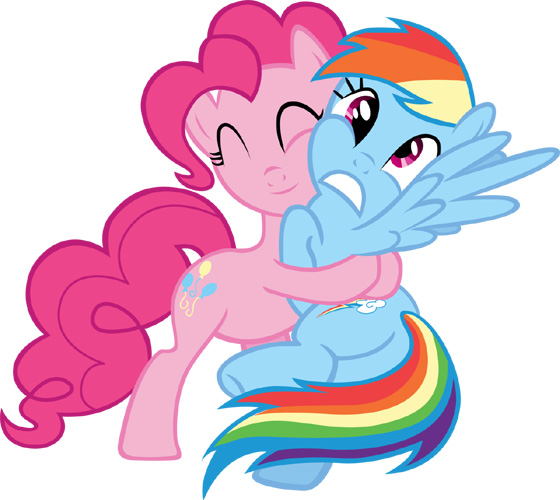Rainbow Dash is not enjoying this hug from Pinkie Pie A pink cartoon horse is hugging a blue cartoon horse. The pink horse is squeezing tightly and the blue horse is not returning the hug. The pink horse has happy-closed eyes and a blissful smile while the blue horse has eyes wide open and a nervous-open mouth.
