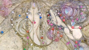 Painting of two women's faces in the art nouveau style, with stylised roses